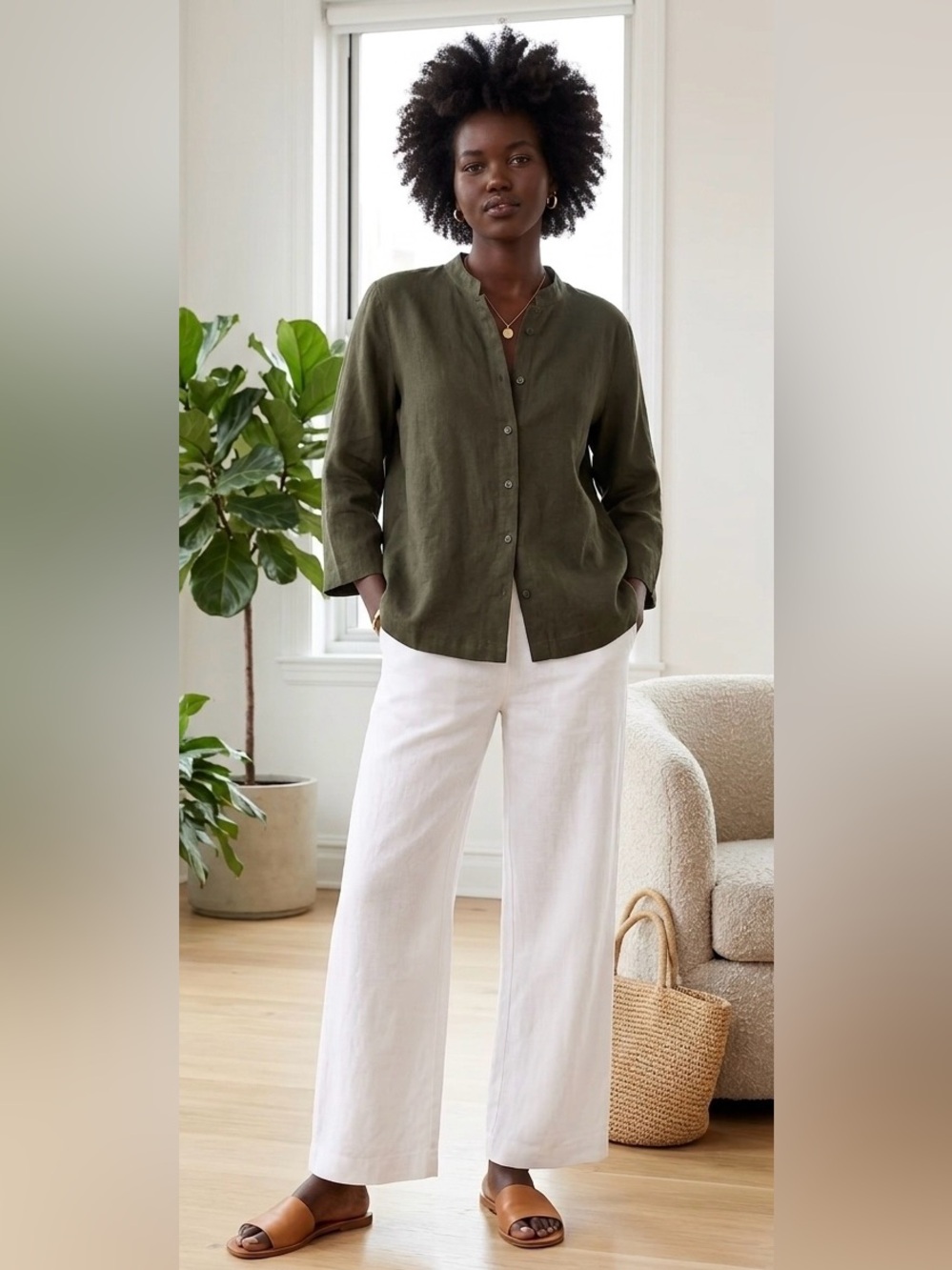 Eileen Fisher Tencel Cotton Mandarin Collar Button Shirt Olive Green Medium